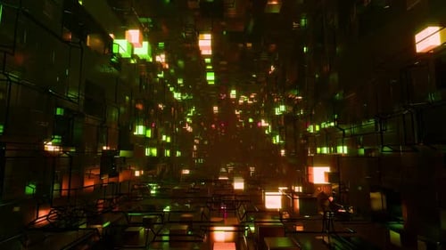 Futuristic Digital Tunnel Loop with Glowing Cubes and Wires