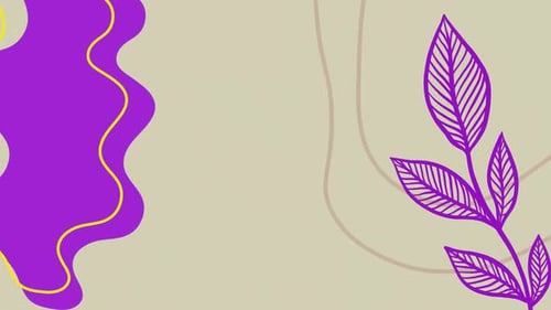 Animation von lila Blättern, Linien und abstrakten Formen, die sich auf beigem Hintergrund bewegen