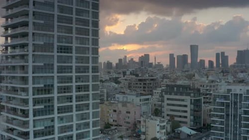 Tel aviv Skyscrapers cityscape panorama at Sunset, Aerial view