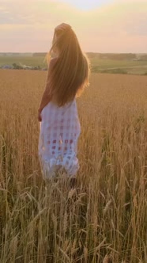 Young Woman in White Dress Standing in Golden Wheat Field During Sunset with Warm Light