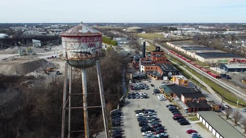 Drone shot of the water tower at the Pepper Distillery District in Lexington, Kentucky.