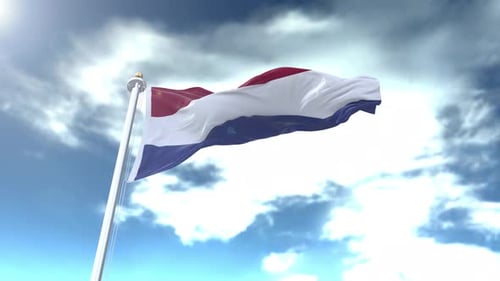 Realistic Dutch Flag Waving Animation with Blue Sky and Clouds