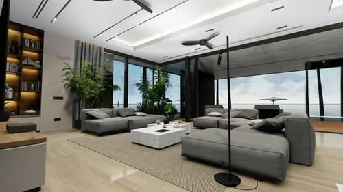 4K video of modern cozy interior with living, dining zone, stair and kitchen