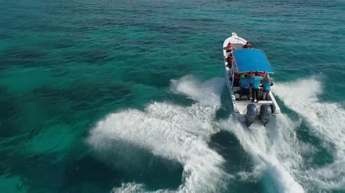 Speedboat with tourists navigating fast toward Saona island, Dominican Republic. Aerial