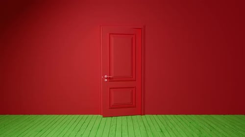 Red door opening on a dark room with green floor