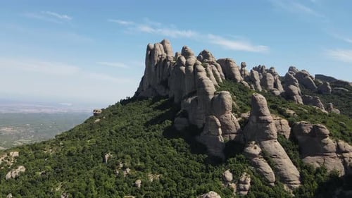 Aerial views of Montserrat peaks, a mountain range in Catalonia