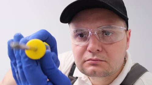Man Inspecting Screwdriver Wearing Protective Safety Glasses