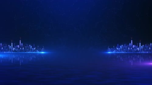 Neonblaue Neonlichter im digitalen Stadtbild, die futuristische Architektur und fortschrittliche Technologie im Handumdrehen präsentieren