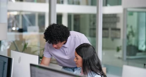 Creative, people and talk in office with computer, idea or advice for digital advertising project