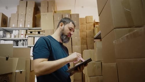 Handsome Warehouse Worker Uses Digital Tablet for Checking Stock