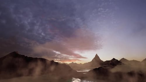 Sun Glow And Lust Sunlight In Evening Hazy Sky. Mountain Panoramic Peaceful View