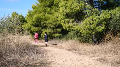 Brother and sister walking together on a dangerous path in the forest. Slow-motion gimbal shot.