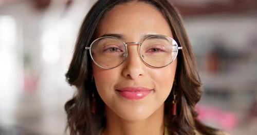 Face, smile and business woman with glasses in startup, office or company for career of employee