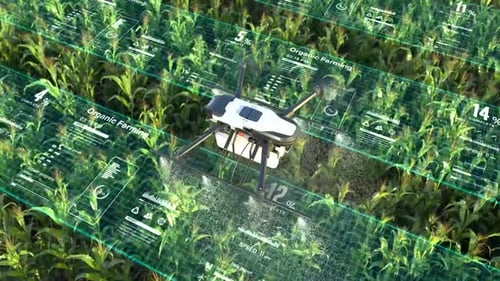 Futuristic Drone Spraying Crops with Digital Data Overlay