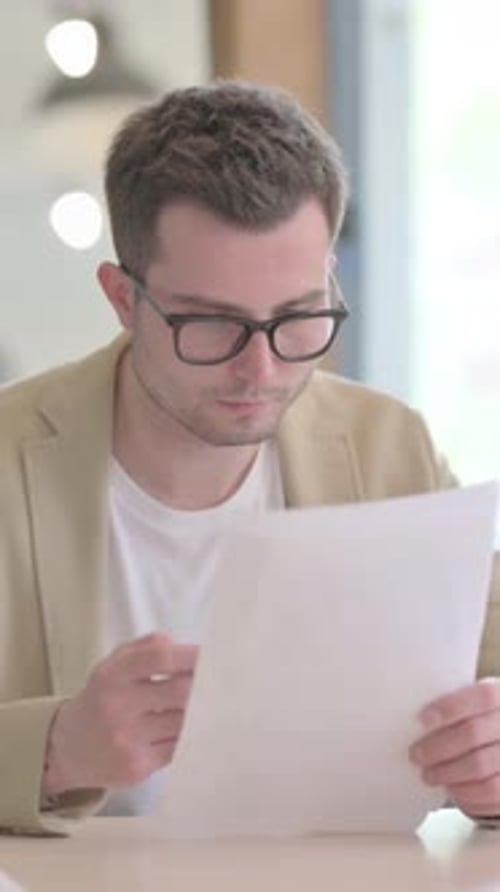 Man Reviews Documents in Bright Indoor Office Setting