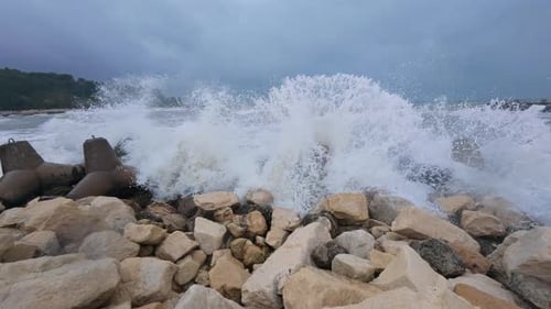 Huge Storm Waves Crashing Against Rocks on the Coast Dramatic View of Raging Sea and Extreme Weather