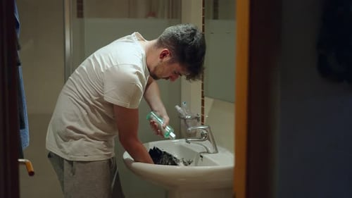 Young Man Puts Shampoo on His Guinea Pig to Give Foam Bath Medium Shot