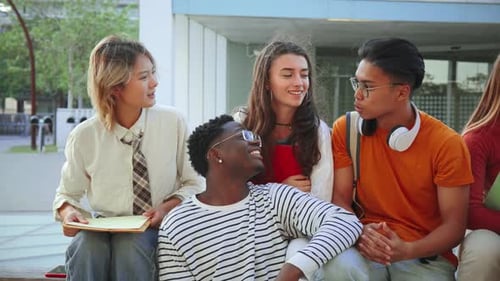 Big Group of Teenage Students Talking Together Sitting on a University Campus Bench Young Friends