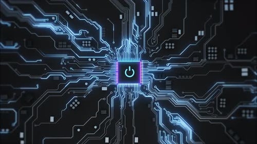 Futuristic Power Button on Animated Circuit Board Background