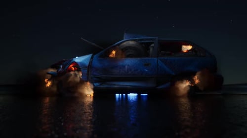 Destroyed Blue Car on Fire at Night