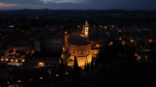 Night Aerial View of Medieval Pienza Town in Tuscany Siena Province Italy