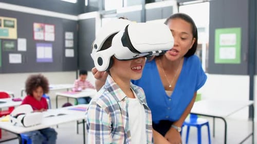 In school, teacher helping student using VR headset in classroom activity