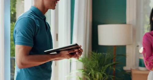 Digital signature, delivery man and tablet with courier in house for logistics