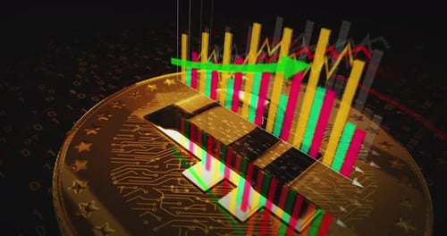 Crypto Ruble RUB cryptocurrency golden rotating coin on chart