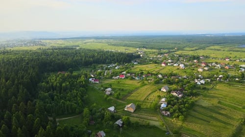 Aerial View of Green Cultivated Agricultural Fields with Growing Crops and Rural Village Houses