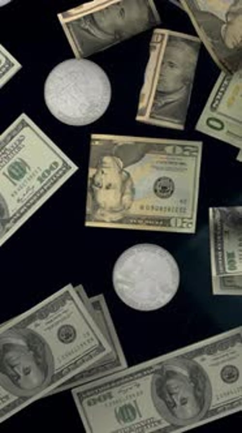 Flying Dollar Bills And Silver Coins Background Vertical