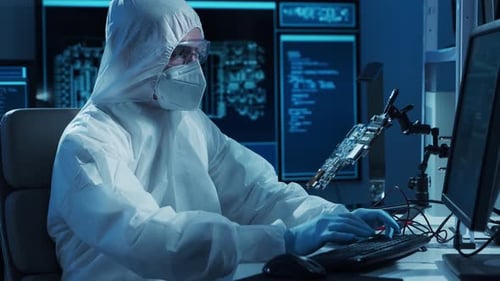 Microelectronics Engineer Works in a Modern Scientific Laboratory on Computing Systems and