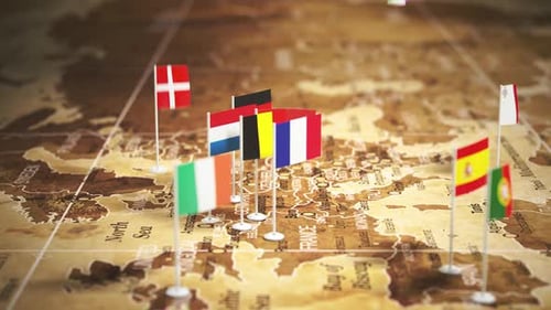 European Country Flags Pop Up on Vintage World Map