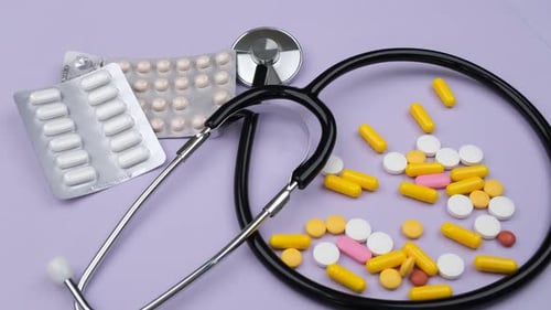 Colorful Pills and Stethoscope on Light Purple Surface