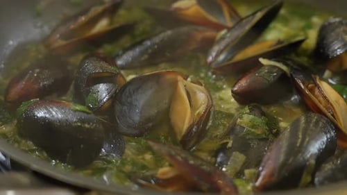 Close Up: Steaming Mussels Cooked with Green Herbs