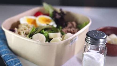 Close Up Salad with Egg, Tomatoes, and Meat