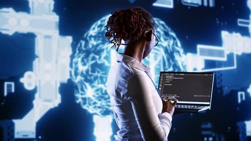 Woman Programming Code with Holographic AI Brain