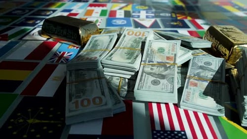 Gold Bars and Money on World Flags
