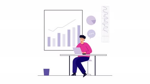 Animated Flat Design Illustration of a Person Analyzing Business Data
