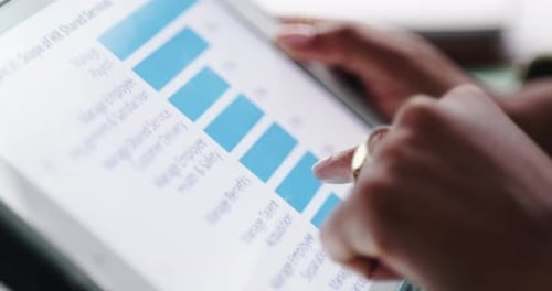 Hands, tablet and screen with finance, graphs and review for company sales