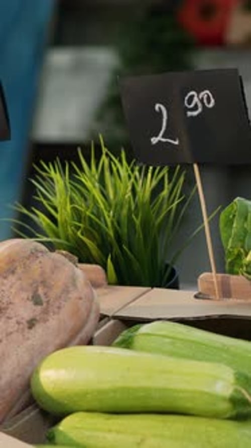 Vertical Video Natural Organic Fruits and Vegetables on Farmers Market Counter