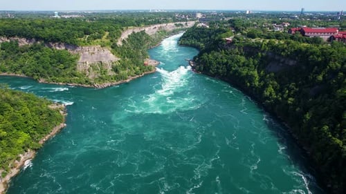 Aerial view of Whirlpool Rapids, Niagara River, forest, sky, Canada.