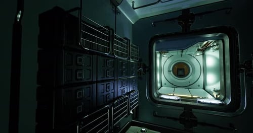 Vue intérieure d'un module de station spatiale Sci-Fi avec trappe illuminée