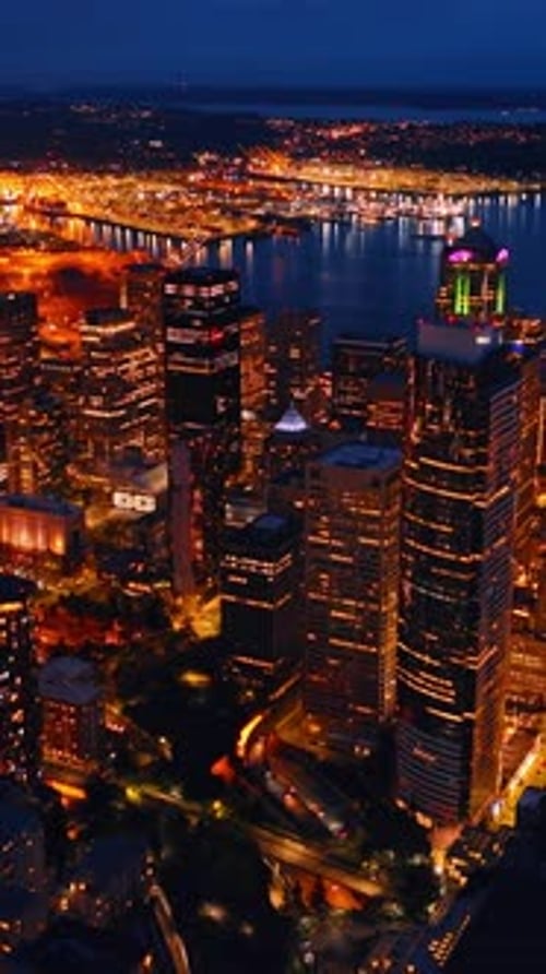 Urban modern american skyscrapers. Night Seattle city aerial view. Vertical video