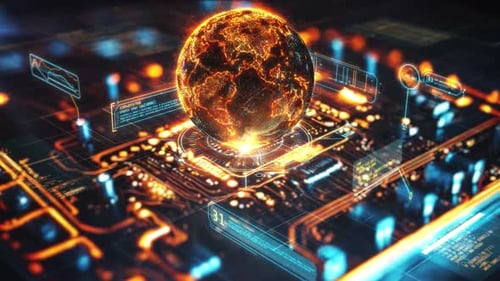 Futuristic Digital Globe with Glowing Circuit Board Network Animation