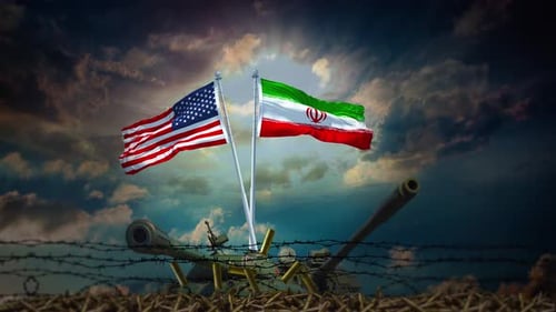 USA and Iran Flags Waving with Military Tank and Barbed Wire