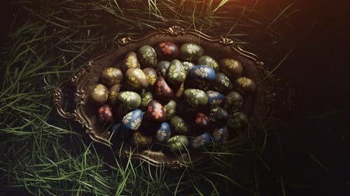 Elegant Easter Wishes Text Reveal with Decorated Eggs and Grass