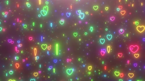 Atemberaubende fallende Neonherzen, Regen, rotierende, leuchtende Regenbogenlichter — 4K