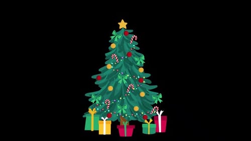 Animated Flat Design Christmas Tree with Twinkling Lights and Gifts
