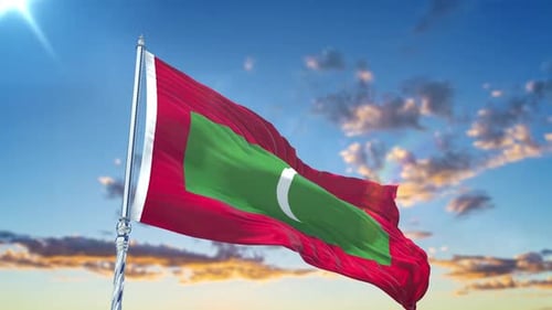 Realistic Maldives Flag Waving Animation Against Blue Sky