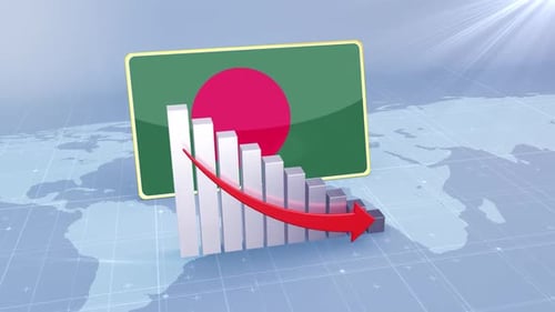 Bangladesh Flag With Decrease Bar Chart Graph And Arrow Red